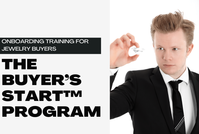A professional man in a black suit and tie holds up a large diamond for inspection. The image is part of a training course visual titled “The Buyer’s Start™ Program – Onboarding Training for Jewelry Buyers.”