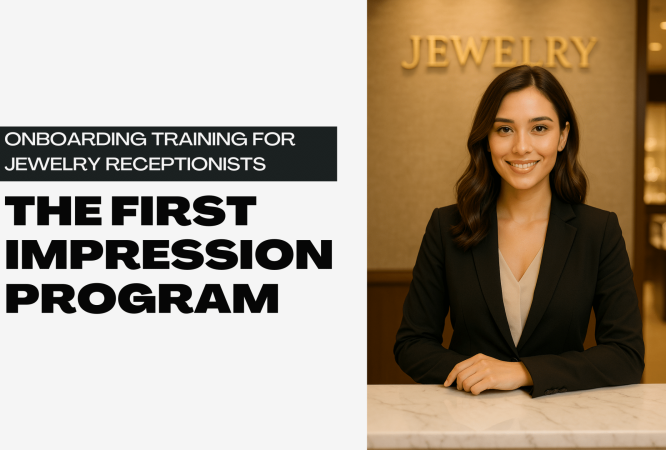 The First Impression Program Course Thumbnail – Jewelry Receptionist Onboarding Training A young professional woman in a black blazer sits confidently behind a marble reception desk in a jewelry store. The course title beside her reads “The First Impression Program – Onboarding Training for Jewelry Receptionists.”